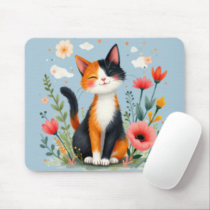 Smiling Calico Cat in Blooming Garden Mouse Pad