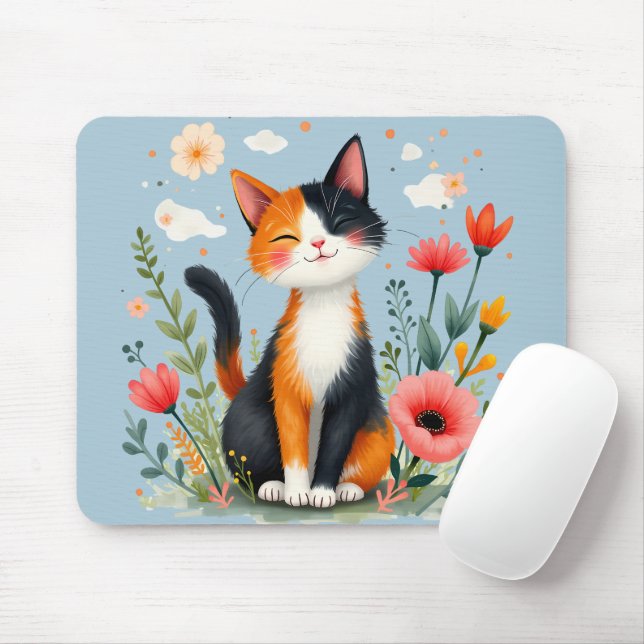 Smiling Calico Cat in Blooming Garden Mouse Pad (With Mouse)