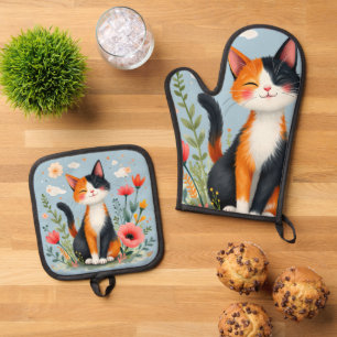 Smiling Calico Cat in Blooming Garden Oven Mitt & Pot Holder Set
