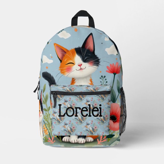 Smiling Calico Cat in Blooming Garden Printed Backpack (Front)