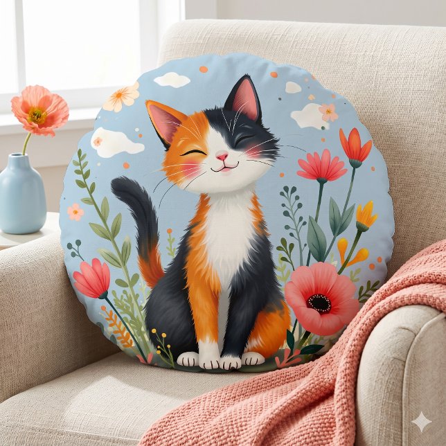 Smiling Calico Cat in Blooming Garden Round Pillow (Smiling Calico Cat in Blooming Garden Round Pillow)