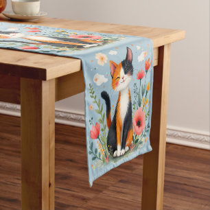 Smiling Calico Cat in Blooming Garden Short Table Runner