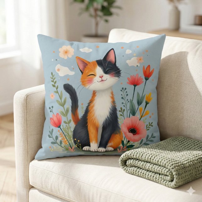 Smiling Calico Cat in Blooming Garden Throw Pillow (Smiling Calico Cat in Blooming Garden Throw Pillow Mockup A)