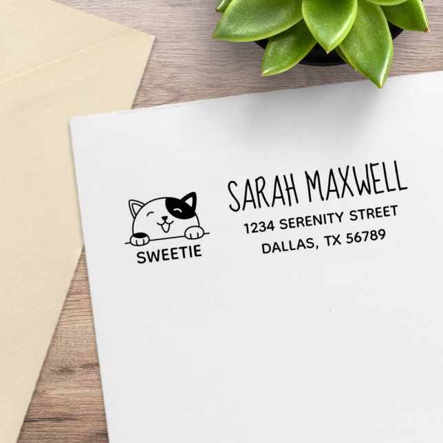 Smiling Calico Cat Pet Name Address Rubber Stamp (Creator Uploaded)