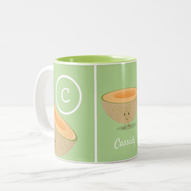 Smiling Cantaloupe Monogram Food Name Two-Tone Coffee Mug (Front Left)