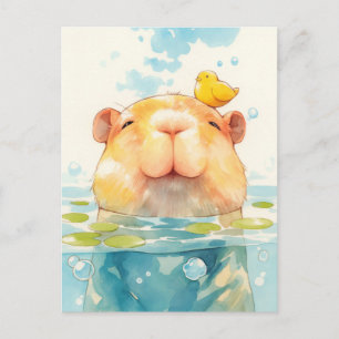 Smiling Capybara Swimming with Small Yellow Bird Postcard