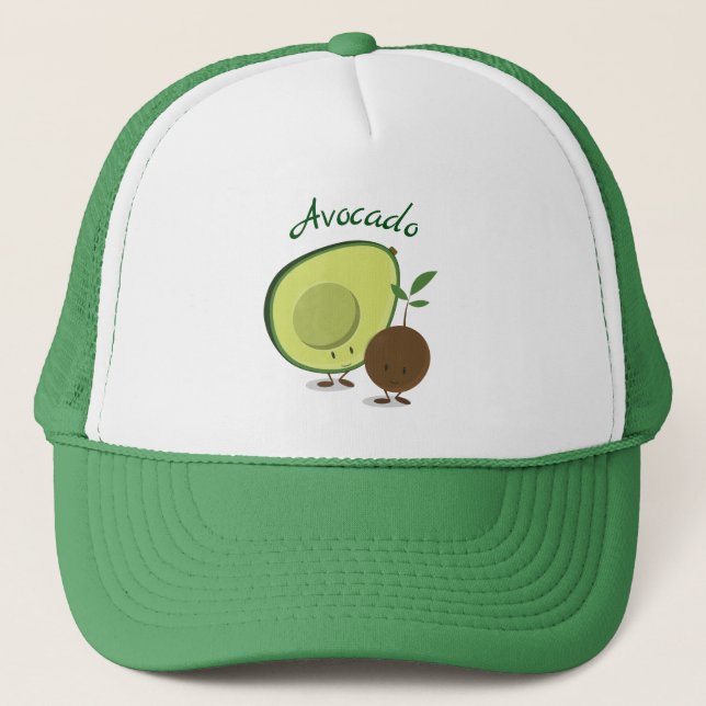 Smiling Cartoon Avocado and Avocado Pit Characters Trucker Hat (Front)