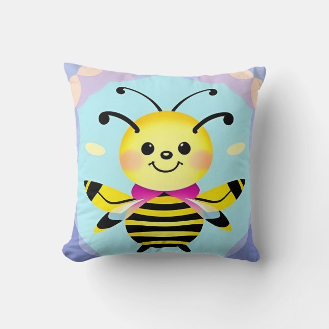 Smiling Cartoon Bee Character Throw Pillow (Front)