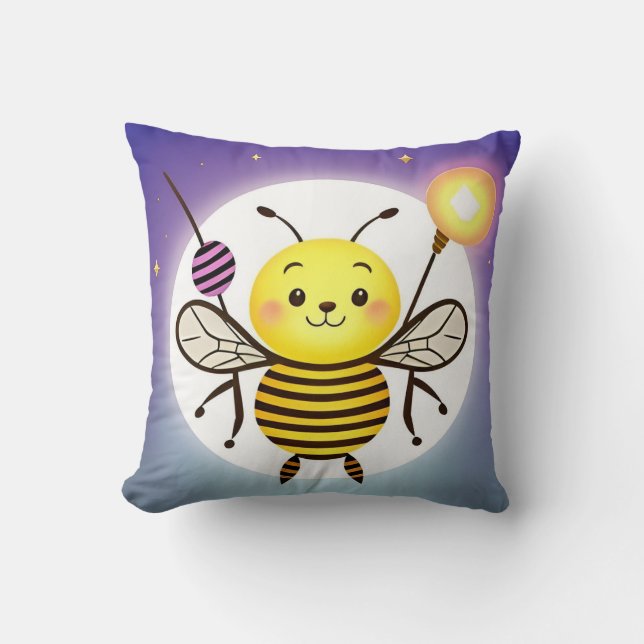 Smiling Cartoon Bee Character Throw Pillow (Front)