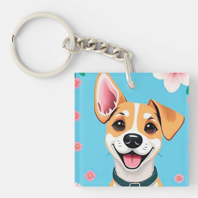 Smiling Cartoon Dog Surrounded by Flowers Keychain (Front)