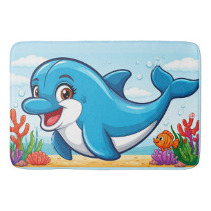 Smiling Cartoon Dolphin Swimming Bath Mat