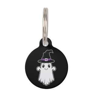 Smiling Cartoon Ghost Wearing A Witch Hat Hallowee Pet Tag