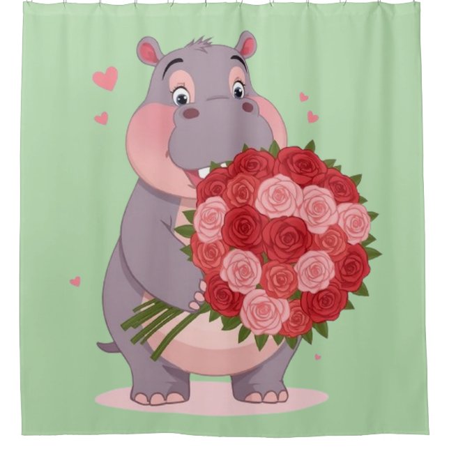 Smiling cartoon hippo holding a huge bouquet  (Front)