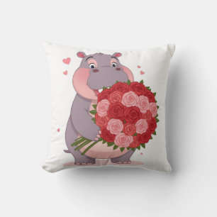 Smiling cartoon hippo holding a huge bouquet throw pillow