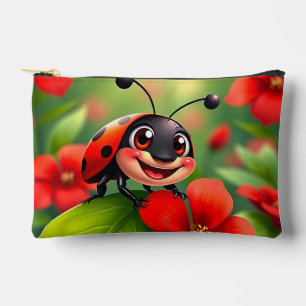 Smiling Cartoon Ladybug Sitting on Flower Accessory Pouch
