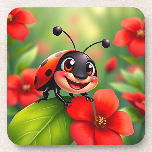 Smiling Cartoon Ladybug Sitting on Flower Coaster (Front)
