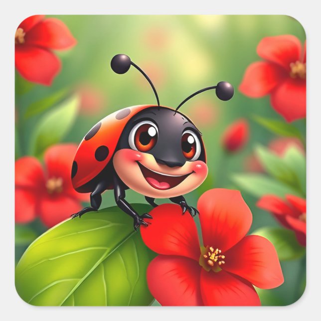 Smiling Cartoon Ladybug Sitting on Flower Square Sticker (Front)