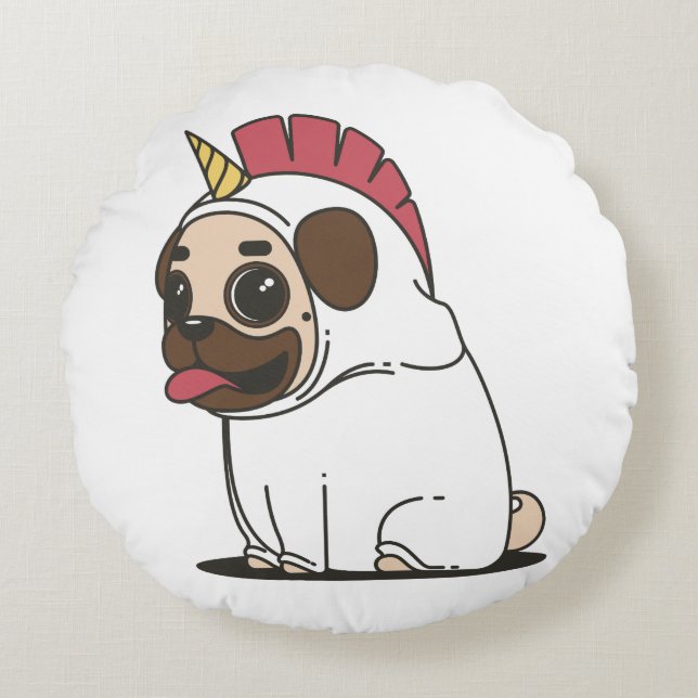 Smiling Cartoon Pug in a Unicorn Costume Round Pillow (Front)
