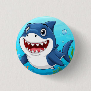 Smiling Cartoon Shark Swimming Underwater 1 Inch Round Button