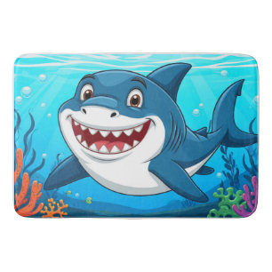 Smiling Cartoon Shark Swimming Underwater Bath Mat