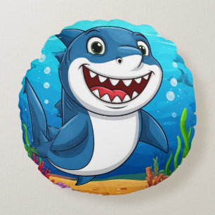 Smiling Cartoon Shark Swimming Underwater Round Pillow
