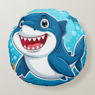 Smiling Cartoon Shark Swimming Underwater Round Pillow