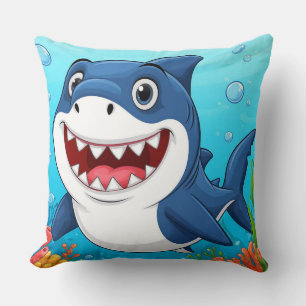 Smiling Cartoon Shark Swimming Underwater Throw Pillow