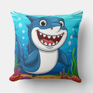 Smiling Cartoon Shark Swimming Underwater Throw Pillow