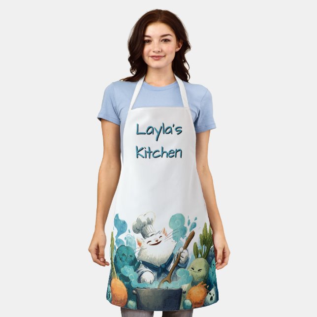 Smiling Cat Chef Cooking with Animated Vegetables Apron (Worn)