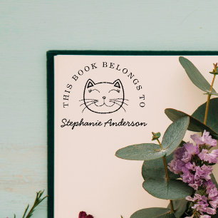 Smiling Cat Custom This Book Belongs To Name Rubber Stamp