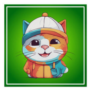Smiling Cat Wearing Hat Clipart  Poster