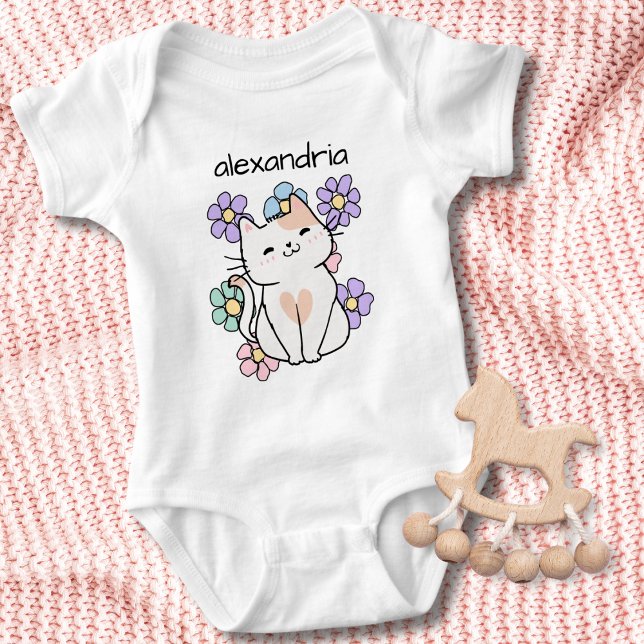 Smiling Cat with Flowers Monogram  Baby Bodysuit (Creator Uploaded)