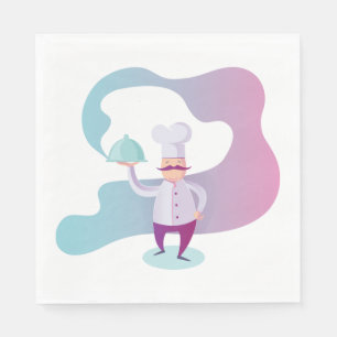Smiling Chef with Moustache and Serving Tray Napkin