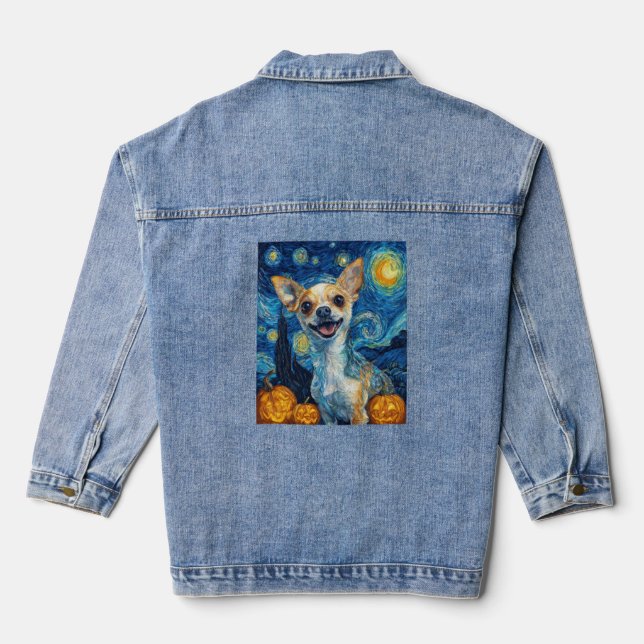 smiling chihuahua dog starry night by Van Gogh fin Denim Jacket (Back)