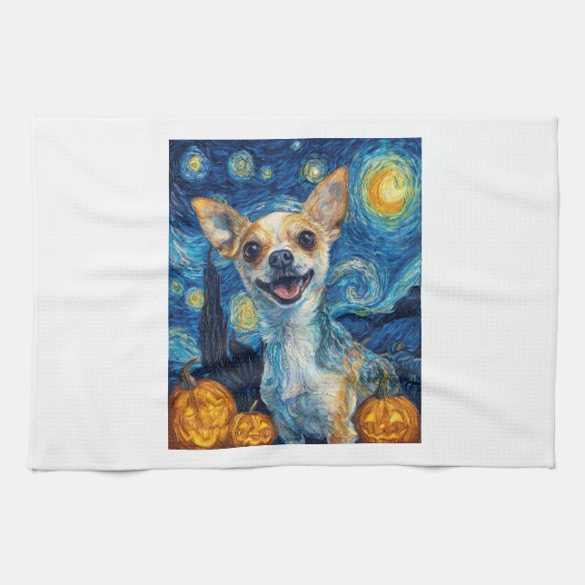 smiling chihuahua dog starry night by Van Gogh fin Kitchen Towel (Horizontal)