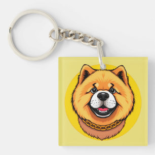 Smiling Chow Chow Dog Face and Golden Chain Keychain
