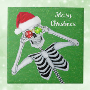 Smiling Christmas Skeleton Ornament Eyes Green Tile