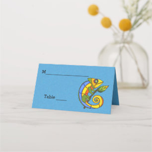 Smiling colourful Cartoon Lizard on Branch Leaf Place Card