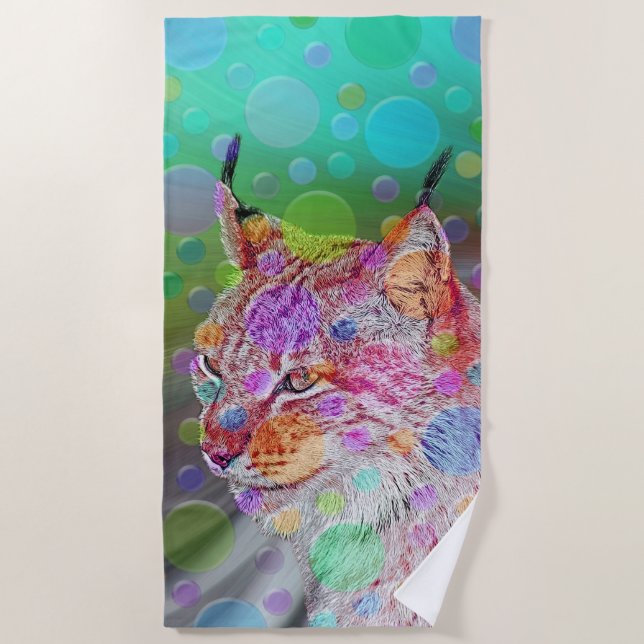 Smiling, colourful lynx - abstract beach towel (Front)