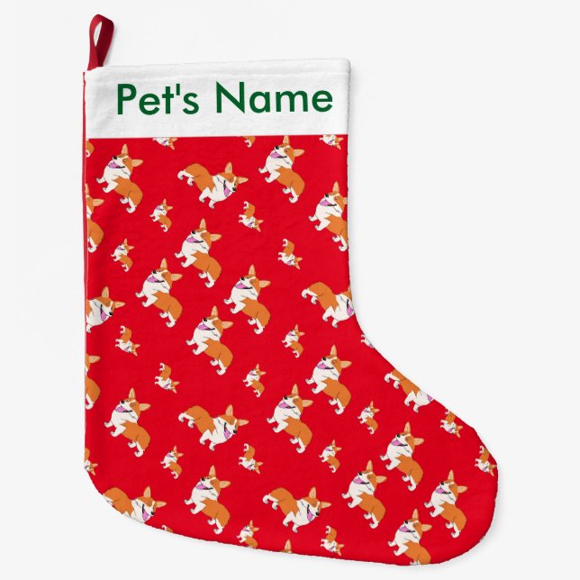 Smiling Corgi Holiday Print Large Christmas Stocking (Front)