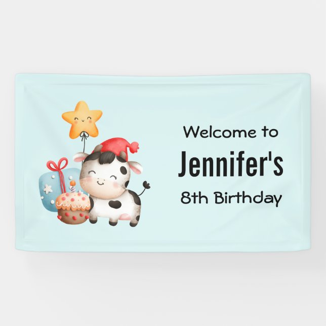 Smiling Cow Cute Adorable Birthday Welcome Banner (Horizontal)