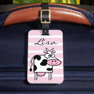 Smiling Cow Girly Animal Print Monogrammed Luggage Tag