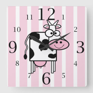 Smiling Cow Girly Animal Print Square Wall Clock