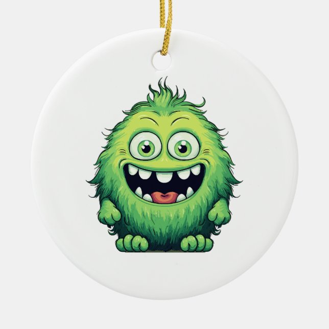 Smiling Cute Green Monster Cartoon Ceramic Ornament (Front)