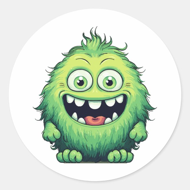 Smiling Cute Green Monster Cartoon Classic Round Sticker (Front)