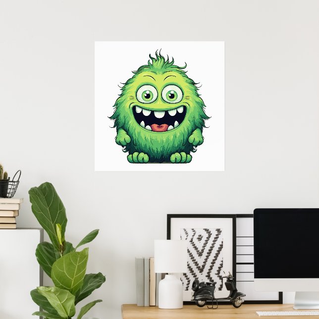 Smiling Cute Green Monster Cartoon Poster (Home Office)