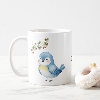 Smiling Cute Little Blue Bird with Strawberry