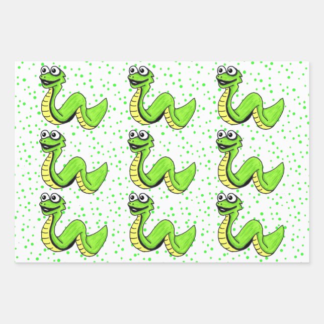 Smiling Cute Neon Green Yellow Snake on Polka Dots Wrapping Paper Sheet (Front)