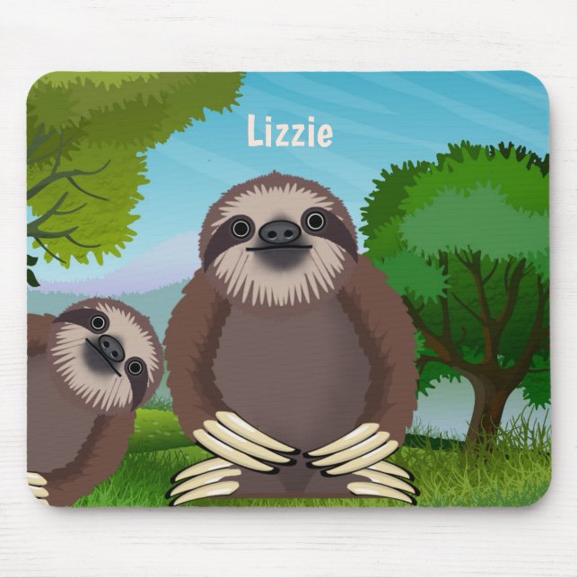 Smiling Cute Sloths Monogrammed Mouse Pad (Front)