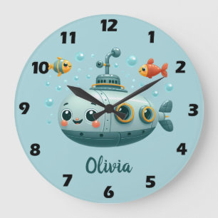 Smiling Cute Submarine with Fish and Bubbles Large Clock
